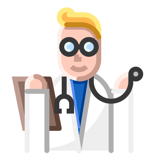 Illustration of a doctor with a stethoscope and clipboard.