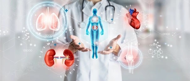 A clinician surrounded by illustrations of major organ systems.